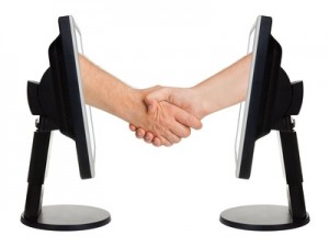 Virtual handshake - internet business concept isolated on white background
